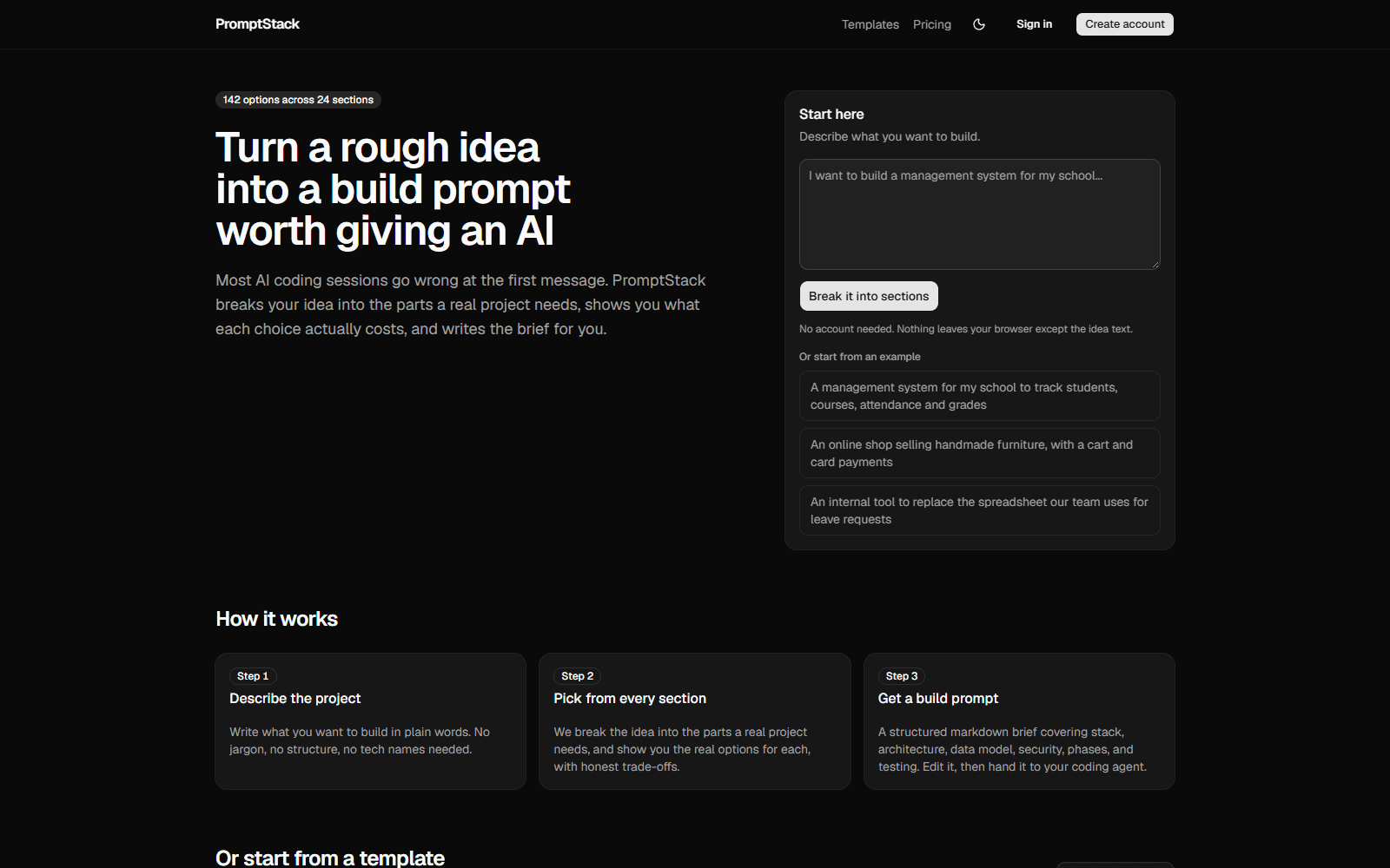 PromptStack — Turns a rough project idea into a structured brief for an AI coding tool